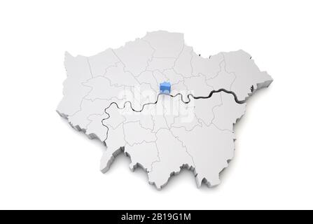 Mappa di Greater London che mostra City of London in blu. Rendering 3D Foto Stock