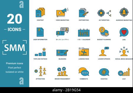 Smm icon set. Includere elementi creativi contenuto, copywriting, informazioni utente pianificazione del bilancio, cime e valutazioni delle icone. Può essere utilizzato per il report Illustrazione Vettoriale