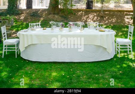 Tavolo decorato per una celebrazione all'aperto Foto Stock