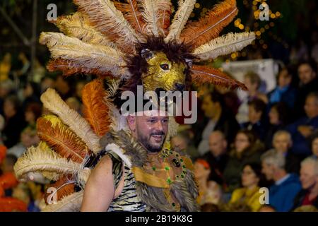 Funchal, PORTOGALLO - FEBBRAIO 2020: I partecipanti al Carnevale dell'isola di Madeira danzano nella parata della città di Funchal, isola di Madeira, Portogallo. Foto Stock