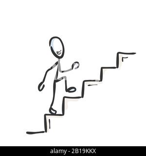 Salire le scale. Uomo felice e fiero di successo. Scala ascend. Disegnato a mano. Cartone animato Stickman. Schizzo barboncino, illustrazione grafica vettoriale Illustrazione Vettoriale