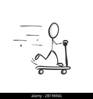 Guida veloce di uno scooter. Capretto su skate. Disegnato a mano. Cartone animato Stickman. Schizzo barboncino, illustrazione grafica vettoriale Illustrazione Vettoriale