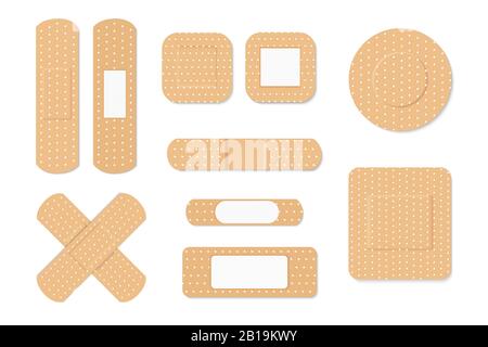 Set di vettori adesivi per cerotti medici elastici per bendaggio. Illustrazione di cerotto medico, cerotto elastico Illustrazione Vettoriale
