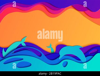 Paesaggio estivo del mare con delfini al tramonto in carta tagliato sfondo. Illustrazione Vettoriale