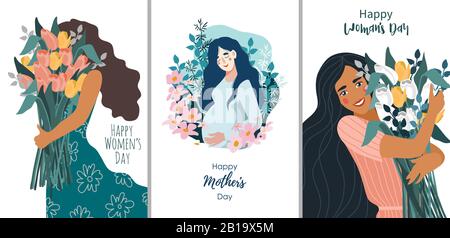 Set vettoriale di illustrazioni per la Giornata della Donna su sfondo bianco. Cute piatto cartoon tamplate Illustrazione Vettoriale
