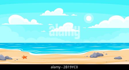 Cartone animato spiaggia estiva. Paradise vacanza natura, oceano o mare a riva. Paesaggio marino vettore sfondo illustrazione Illustrazione Vettoriale