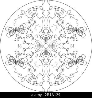 Pagina di colorazione Mandala. Farfalle mandala, illustrazione vettore. Terapia D'Arte. Elemento decorativo. Pagina di colorazione antistress. Illustrazione Vettoriale