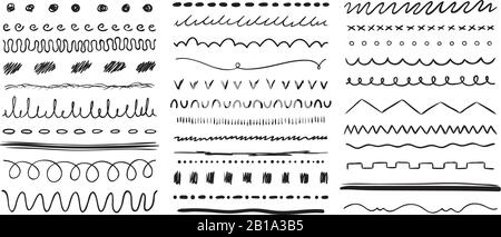 Linea disegnata a mano. Linee di disegno penna a inchiostro, pennello sottolineato e tratti di matita pennelli elementi vettoriali set Illustrazione Vettoriale