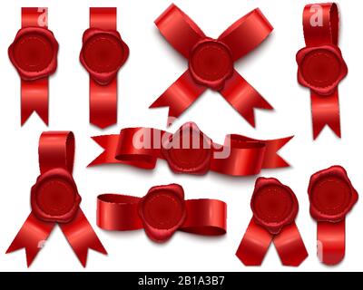 Nastro di tenuta in cera. Francobolli di cera su nastri, posta reale lettera timbro postale e premium cera sigilli isolati 3D vettore illustrazione set Illustrazione Vettoriale