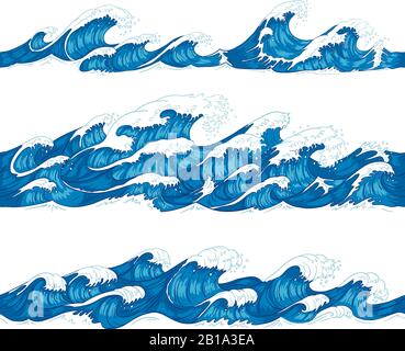 Onde oceaniche senza cuciture. Sea surf, onda decorativa surf e disegno d'acqua disegno a mano disegno disegno vettore illustrazione set Illustrazione Vettoriale