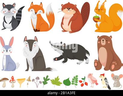 Animali di legno divertenti. Animali selvatici della foresta, fox felice bosco e simpatico vettore scoiattolo cartone illustrazione set Illustrazione Vettoriale