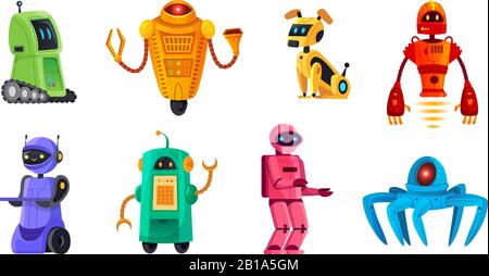 Robot cartoni animati. Robot bot, robot PET e robot android bot tecnologia grafica vettoriale Illustrazione Vettoriale