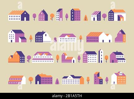 Minimalismo edifici della città. Geometrica minimo case residenziali, costruzione di città e casa urbana piatto vettore set Illustrazione Vettoriale