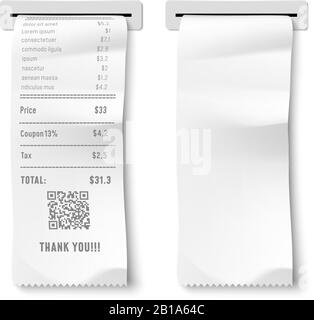 Controllo stampato realistico. Ricevuta della transazione, conto di pagamento e assegni finanziari isolati 3D vettore illustrazione Illustrazione Vettoriale