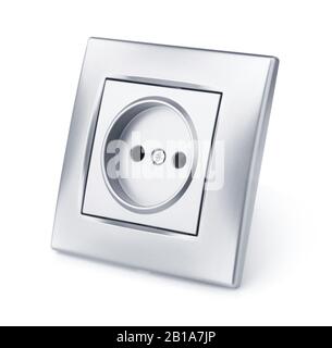 Presa elettrica a muro in argento isolata su bianco Foto Stock