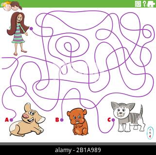 Fumetto Illustrazione Di Linee Maze Puzzle Gioco Con Ragazza E Carino Animali Personaggi Illustrazione Vettoriale