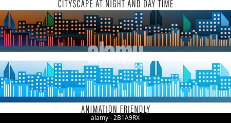 Vista panoramica della città di notte e di giorno. Moderno paesaggio urbano con grattacieli ed edifici. Venite da punto di riferimento animazione di sfondo amichevole Illustrazione Vettoriale