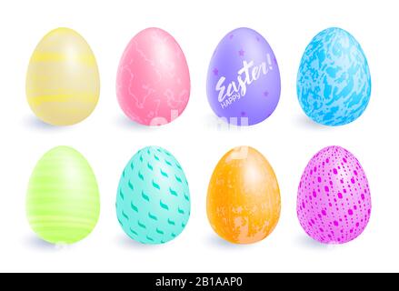 Uova di Pasqua multistolorate con ombra su sfondo bianco. Set di uova colorate. Colori morbidi Illustrazione Vettoriale
