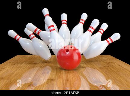 Immagine di pattinette sparse e palla da bowling su pavimento in legno, rendering 3d. Foto Stock