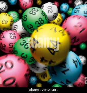 Palline di palla della lotteria che cadono Chance, fortuna, soldi di ricchezza del gioco d'azzardo. Lotto, sfocatura movimento. Primo piano sfondo nero. Rimbalzo 44 Foto Stock