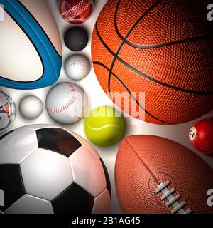 Palle di vari sport sparati dall'alto. Famiglia di palle. Calcio, pallacanestro, tennis, rugby, baseball, cricket, golf, squash, bocce, piscina, ping pong Foto Stock