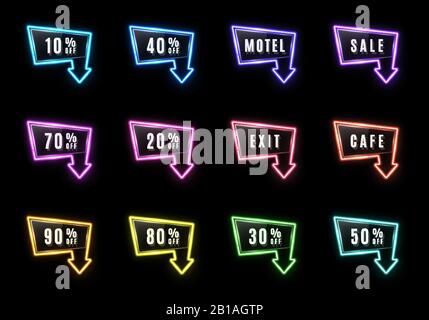 Luminoso neon freccia segno impostato su sfondo nero. Motel cafe uscita lampadine puntatore. Simbolo direzione di vendita. Sconto per 10, 20, 30, 40 Illustrazione Vettoriale