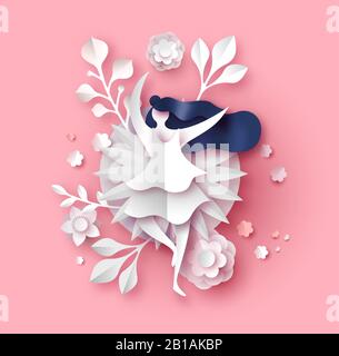 Illustrazione bouquet di fiori Papercut con bella donna danzante su sfondo rosa isolato. Primavera stagione 3d modello di carta mestiere include natura p Illustrazione Vettoriale