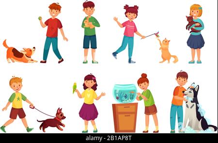 Bambini con animali domestici. Capretto abbraccio animale domestico, bambino amore animali e giocare con cane o carino gatto cartone animato vettore illustrazione set Illustrazione Vettoriale