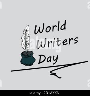 Modello festivo. Giornata Mondiale Degli Scrittori. Cartolina, banner, flyer. Sfondo grigio. Disegno di Doodle Illustrazione Vettoriale