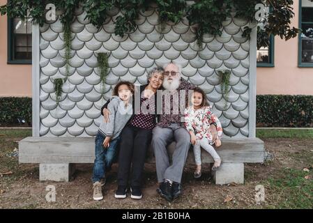 Ritratto dei nonni seduti con i bisnonni carini fuori Foto Stock