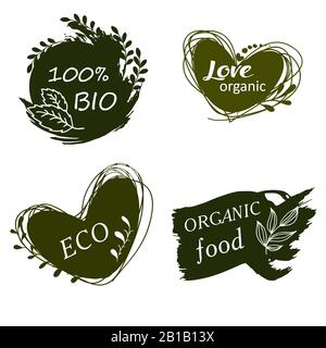 Set di loghi, icone, elementi di design. Cibo naturale, cibo biologico, cibo vegetariano. Buono pasto buono Illustrazione Vettoriale