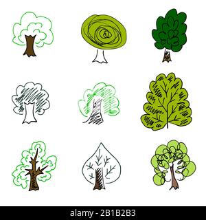 Alberi. Una serie di disegni fatti a mano. Elementi per la progettazione di cartoline, sfondi, imballaggi. Stampa per abbigliamento. Disegno di Doodle Illustrazione Vettoriale