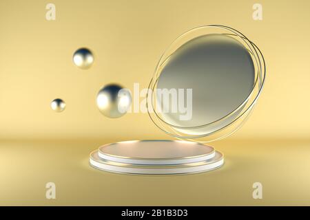3d rendering, astratto sfondo geometrico, cilindro podio, forme primitive minimalistiche, moderno mock up, modello vuoto, vetrina vuota, negozio display Foto Stock