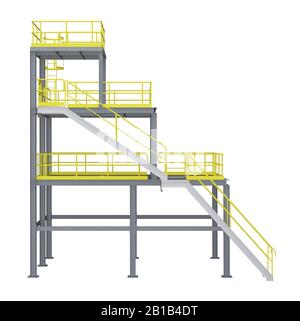 scala industriale con piattaforma isolata su vista laterale bianca. rendering 3d Foto Stock