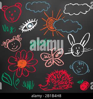 Disegni per bambini. Elementi per la progettazione di cartoline, sfondi, imballaggi. Stampe per vestiti. Disegno di gesso colorato su una tavola nera. Tr Illustrazione Vettoriale