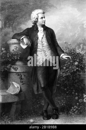 Ritratto d'epoca del compositore Wolfgang Amadeus Mozart (1756 – 1791). Stampa ondulata di un'incisione di Paul Barfus, basata su un'opera di Schworer. Foto Stock