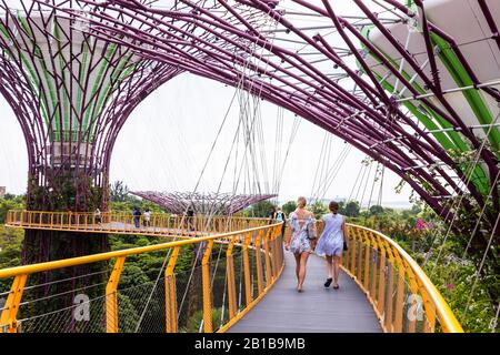 Turisti che camminano sul ponte aereo tra due delle strutture superalbero nei Giardini vicino alla Baia, Singapore, Asia, Foto Stock