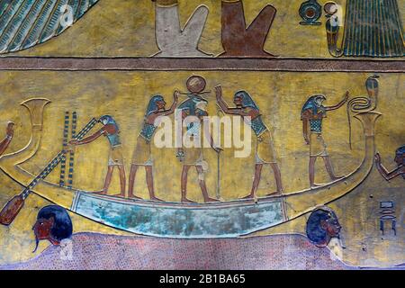 Antico murale della barca egiziana Foto Stock