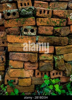 alcuni vecchi mattoni impilati nel giardino Foto Stock