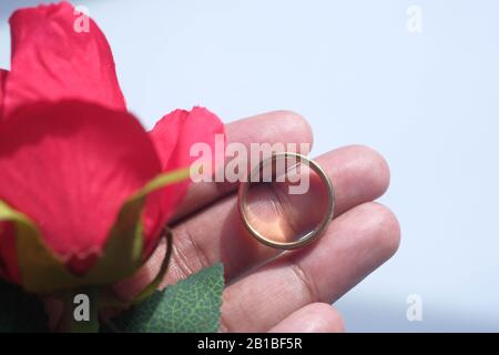 primo piano di anello di nozze a portata di mano Foto Stock
