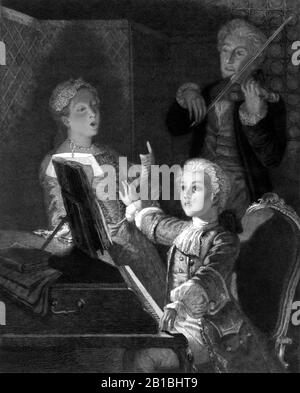 Stampa d'epoca raffigurante il compositore Wolfgang Amadeus Mozart (1756 – 1791) come bambino che ripropose la sua XII messa. Incisione di V Focillon da un dipinto di J Scherrer, pubblicato circa 1897 da C Klackner di New York. Foto Stock