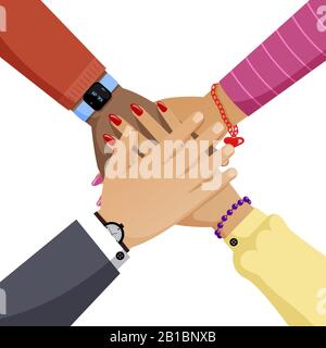 Gruppo di persone, donne e uomini si uniscono a mano vettore piatto illustrazione. Cooperazione, partnership, lavoro di squadra cartone animato concetto. Mani di diversi colori della pelle con orologi e bracciali. Illustrazione Vettoriale