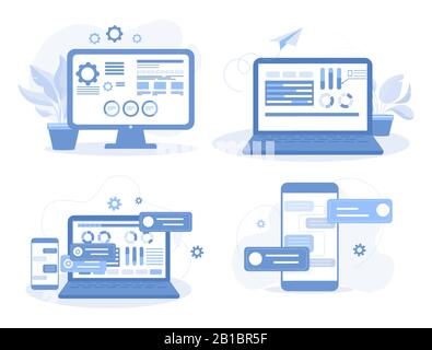 Insieme di app mobili e siti Web che sviluppano concetti vettoriali. Creazione di app e creazione di illustrazioni piatte per la progettazione Web. Materiale di marketing, presentazione aziendale, concetto di pubblicità online Illustrazione Vettoriale