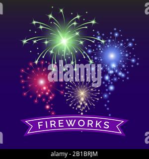Template di banner vettore per fuochi d'artificio con spazio di testo. Esplosione multicolore, luminosi e colorati fuochi d'artificio festosi in diverse forme per la vacanza e la celebrazione design in stile realistico. Illustrazione Vettoriale
