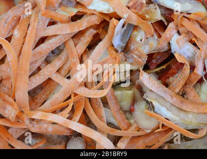 Cucina e rifiuti vegetali giardino su un mucchio di composto. Scarti di alimenti vegetali dalla cucina per il riciclaggio domestico riducendo in concime organico. Foto Stock