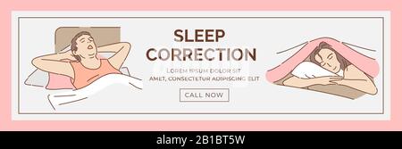 Modello banner Web di correzione del sonno con spazio di testo. Giovane uomo e donna dormono e riposano in letti vettore cartone animato illustrazione. Sogni dolci, sano concetto di struttura del sonno. Illustrazione Vettoriale