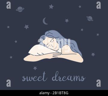 Modello vettoriale di disegno della scheda dei sogni dolci. Donna che dorme su cuscino e sogni su stelle e pianeti cartoon contorno illustrazione con spazio di testo. Sonno sano e concetto di rilassamento. Illustrazione Vettoriale