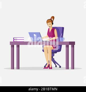 Giovane donna sorridente seduto al tavolo davanti al portatile con auricolare e microfono sulla testa vettore piatta illustrazione. Supporto, freelance, ufficio virtuale o outsourcing cartoon concetto. Illustrazione Vettoriale
