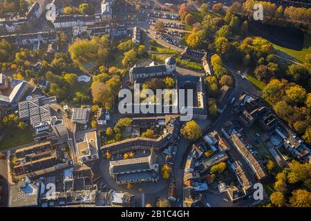 Veduta aerea, vista centro città, Mönchengladbach Minster St. Vitus, Abbazia del Municipio, Chiesa della Città Alter Markt e Sacrestia, Museo Civico Abteiberg, M. Foto Stock