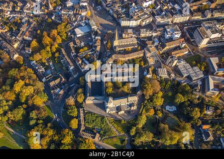 Veduta aerea, vista centro città, Mönchengladbach Minster St. Vitus, Abbazia del Municipio, Chiesa della Città Alter Markt e Sacrestia, Museo Civico Abteiberg, M. Foto Stock